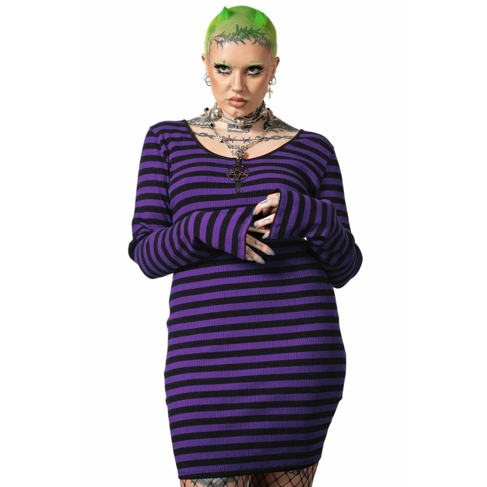 Killstar‎ Striga Dress Purple Black Striped Ribbed Long Sleeve Mini Dress Small